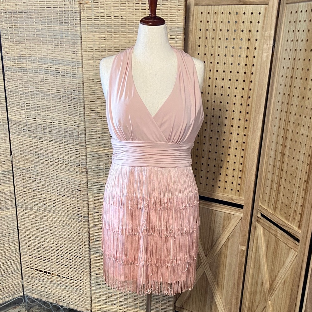 Boston Proper Blush Pink Fringe V‑Neck Mini Dress